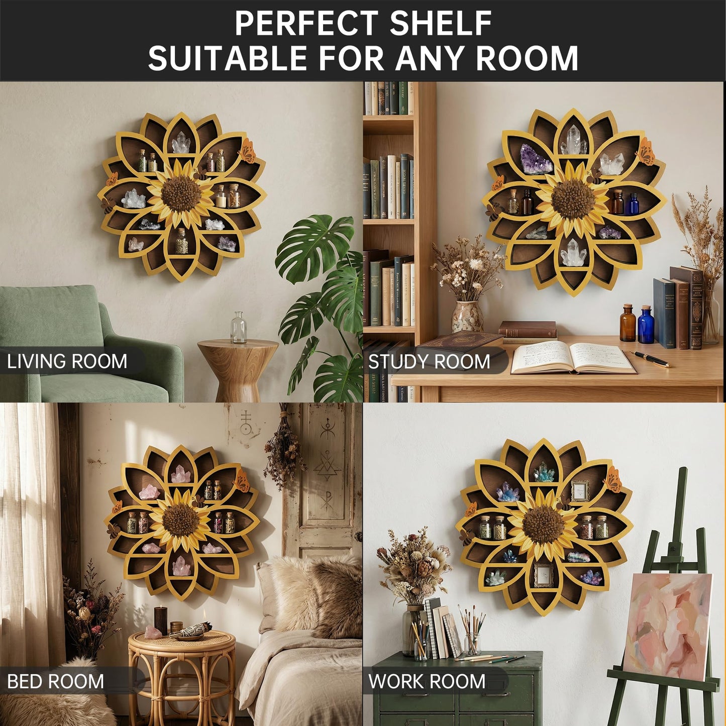 Sunflower Gifts Sunflower Decor Wall Shelf for Women with Lifelike Flower & Bee Accents, Wooden Floating Shelves Trinket Crystal Display Shelf Boho Decor for Home Bedroom, Birthday Gift for Her