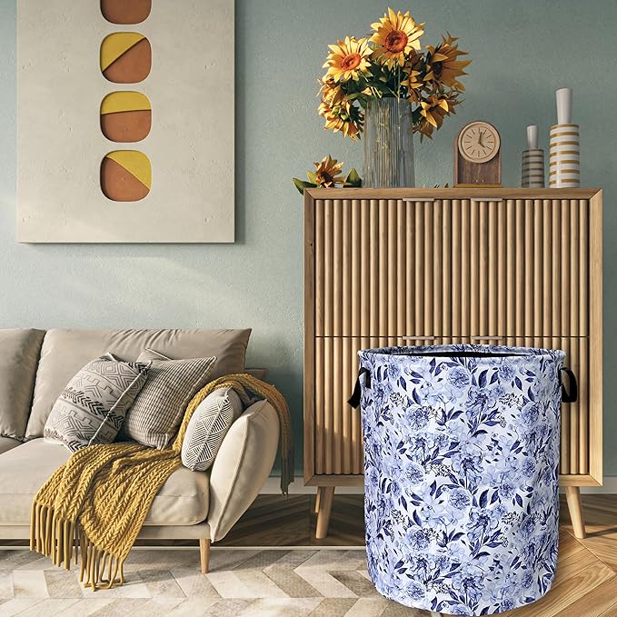 Blue Flower Floral Laundry Basket Foldable