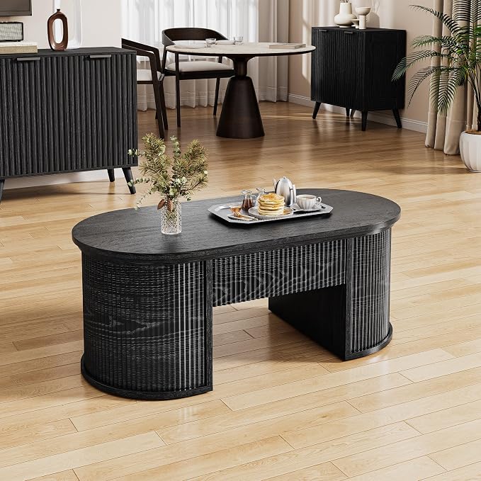 Fluted Lift Top Coffee Table with Storage, Oval Living Room Center Table with Hidden Compartment, Modern Mid-Century Wood Coffee Table for Small Spaces, Home Office, Living Room, Black