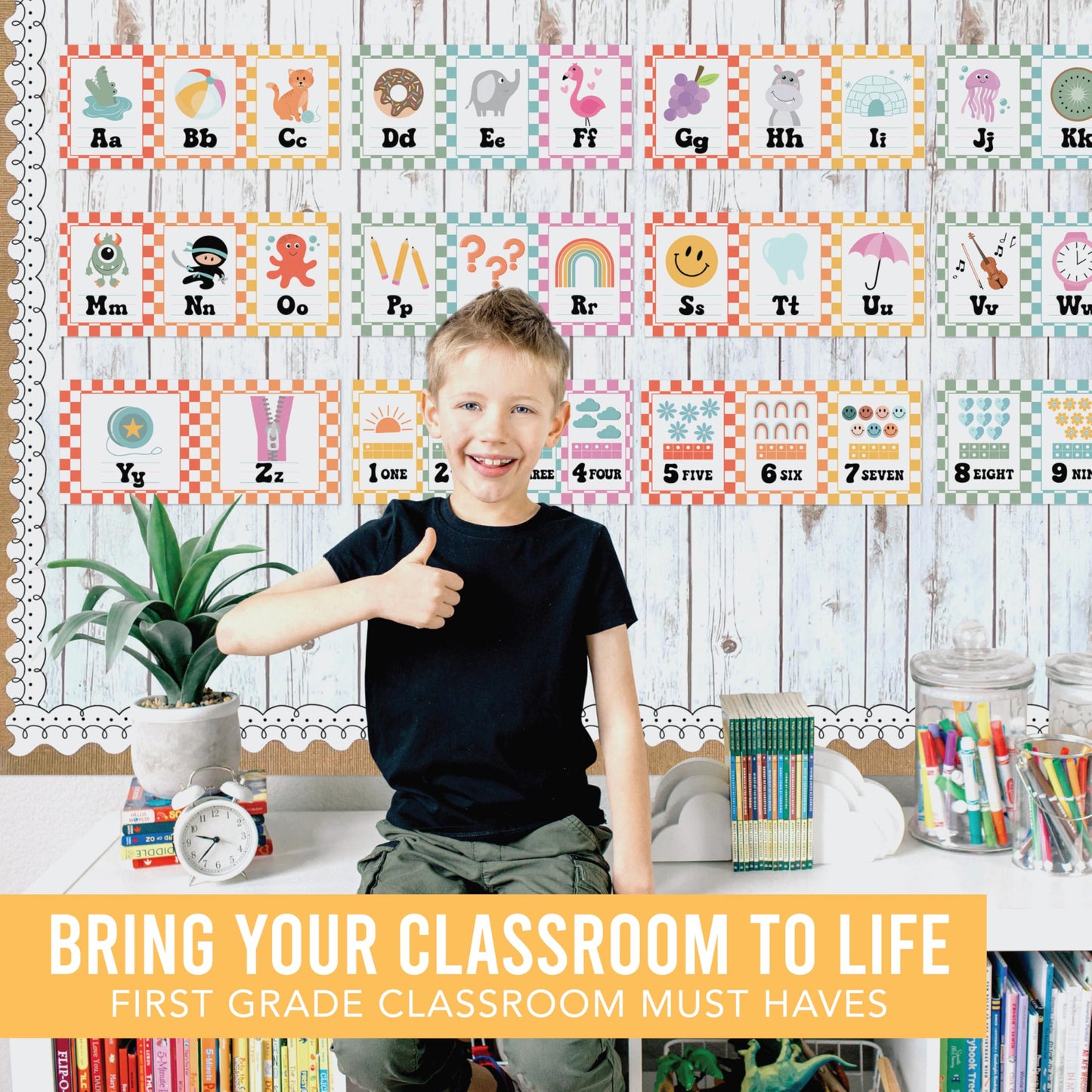Hadley Designs Alphabet for Classroom Wall Decor - ABC Posters for Classroom Wall Chart Preschool & Kindergarten, ABC Letters & Number Line Elementary, Alphabet Cards, Retro Classroom Decor