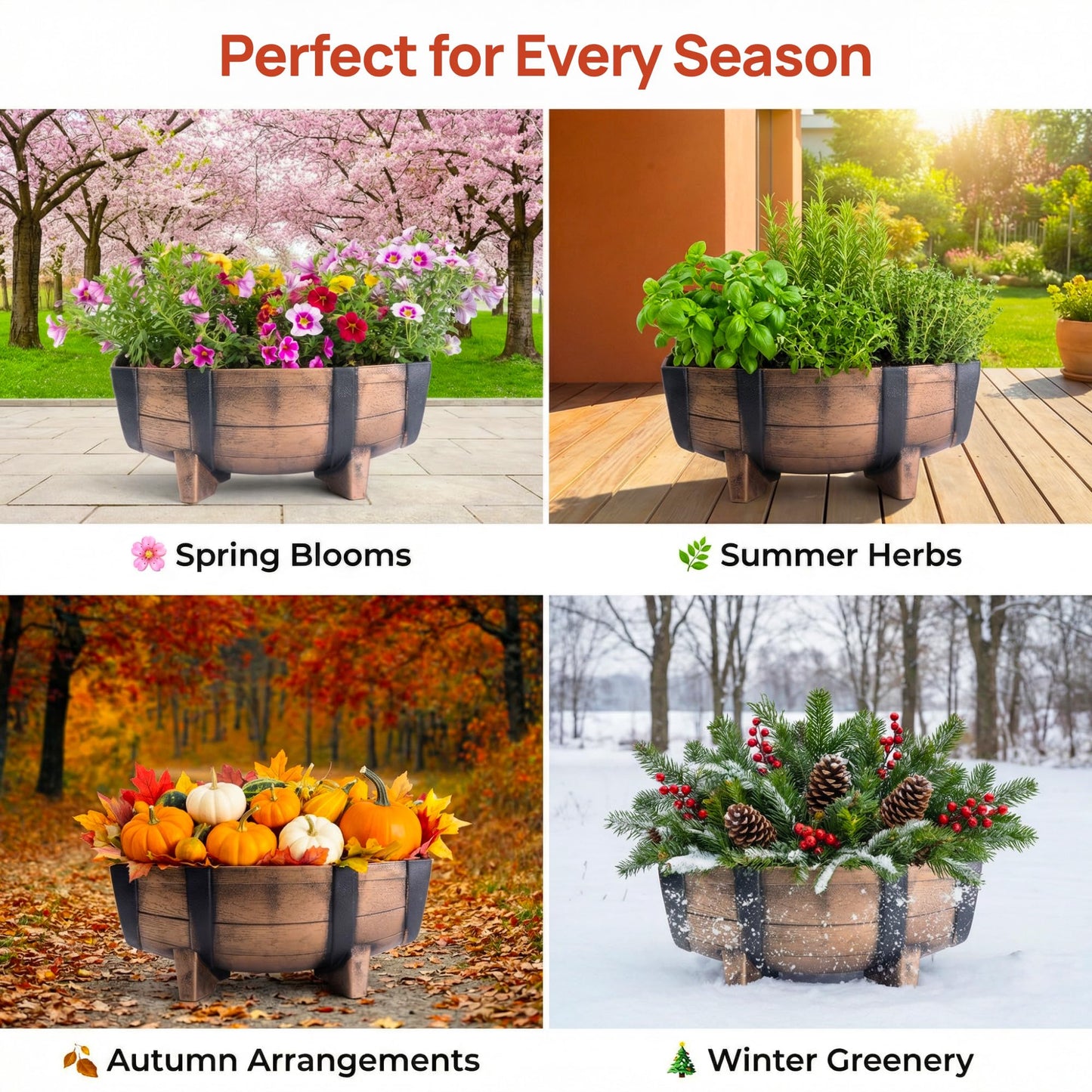 Gardenised 2-Piece Rectangular Half Barrel Flower Pots Rustic Farmhouse Style Faux Wood Planter Containers for Indoor & Outdoor Use Perfect for Displaying Decorative Garden Florals Herbs & Succulents