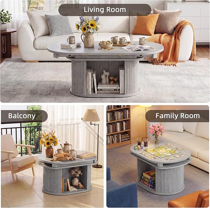 YESHOMY 45.2" Extendable Coffee Table with Storage, Fluted Oval Coffee Table with Sliding Door, Mid Century Modern Center Table for Living Room, Gray
