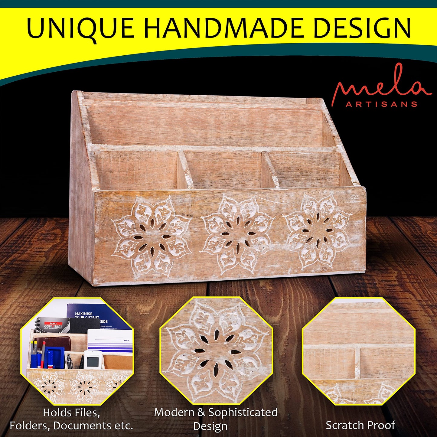 Mela Artisans Serena 13" x 8.5" Whitewash Wooden Desk Organizer – Mango Wood Mail Holder with 5 Compartments for Home Desk Organization, Mail Storage & Rustic Office Decor
