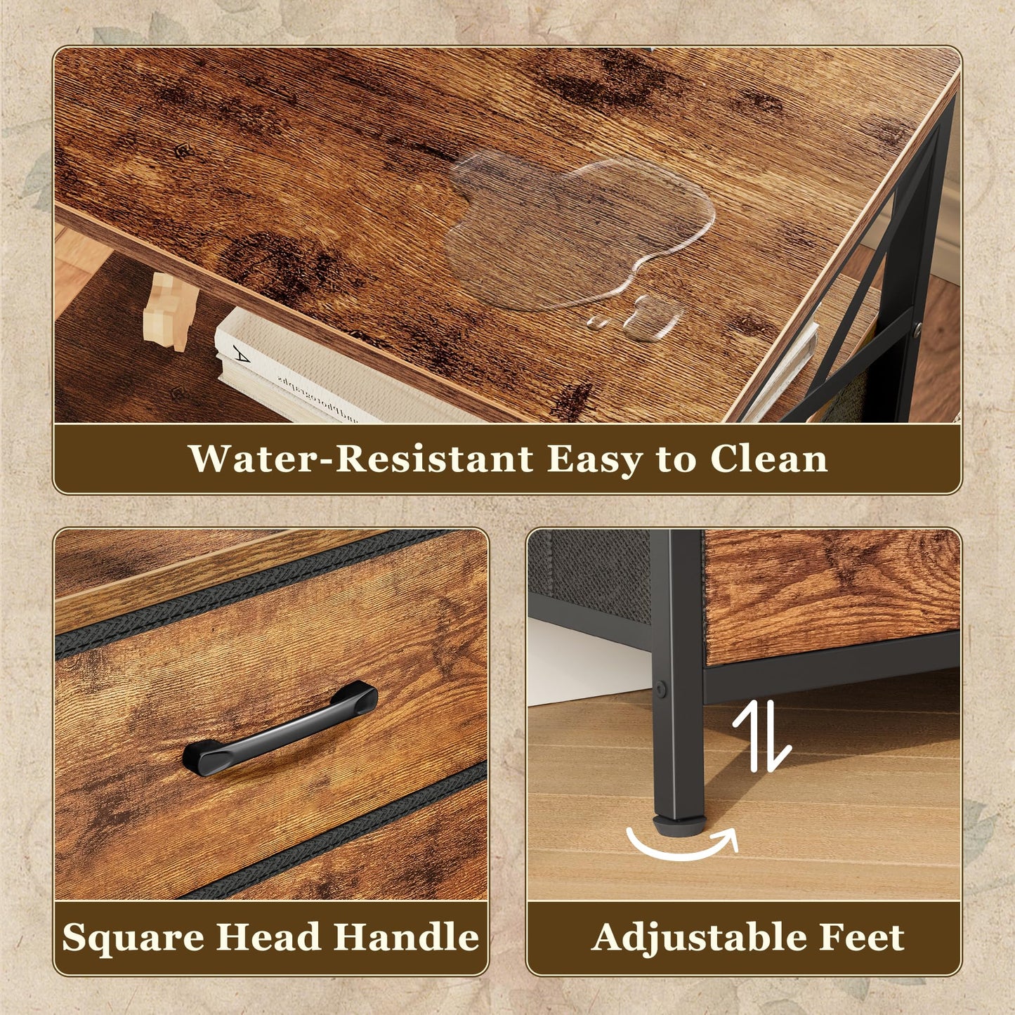 Huuger Nightstands Set of 2, Night Stand with Charger Station, 2 Drawer Side Table with Open Shelf, USB-C Port, End Table for Small Spaces, X Shaped Side Rail, Rustic Brown