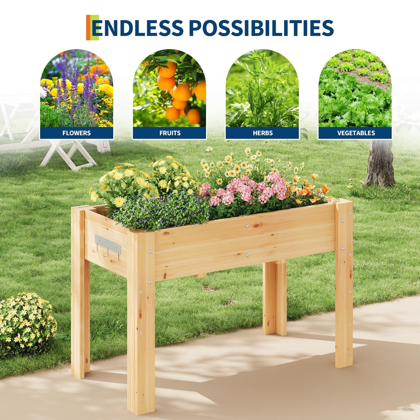 Takywep 47x30x22 in Raised Garden Bed, Elevated Wooden Planter Box with Legs and Hooks, Fabric Liner, Non-Toxic Fir Wood, Perfect for Vegetables, Herbs & Flowers, Outdoor Garden