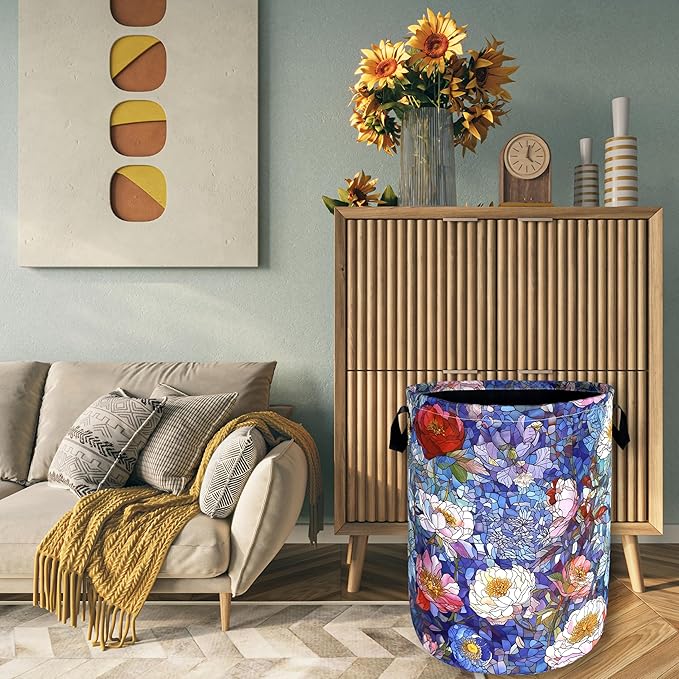 Blue Flowers Laundry Basket Glass Colorful Floral Foldable Funny Laundry Hamper