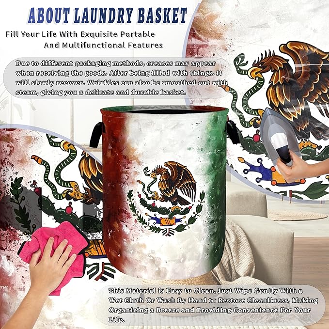 Vintage Mexican Flag Laundry Basket Oxford Cloth Foldable Mexico Laundry Hamper