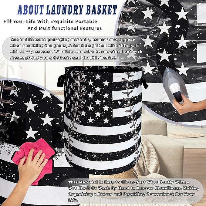 Baseball Textures Laundry Basket Foldable Oxford Cloth American Flag Laundry