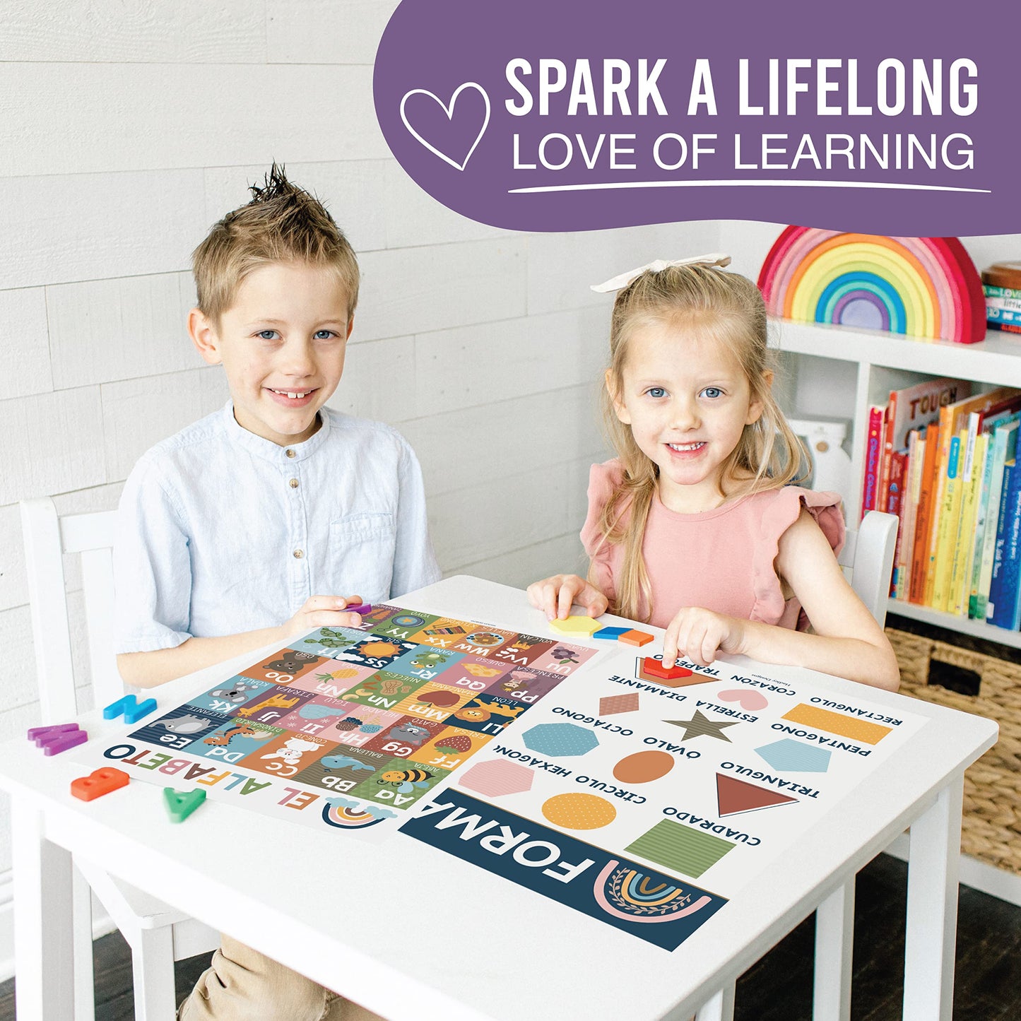 Hadley Designs Spanish Posters for Classroom - 12 Bilingual Educational Posters for Spanish Classroom Decorations Must Haves, Calendario y Alfabeto en Español Para la Pared, Boho Teacher Supplies