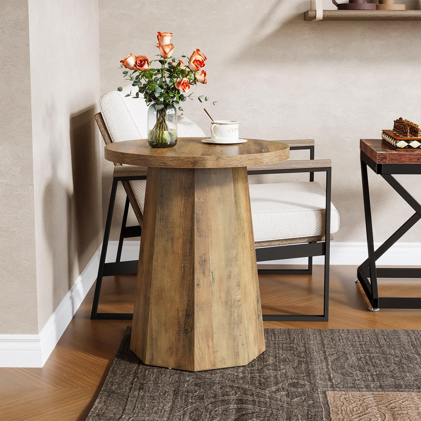 Tribesigns Farmhouse Round End Table, Wooden Couch Side Table with Octagonal Base, Rustic Brown Nightstand Pedestal Accent Furniture for Living Room, Bedroom (1)