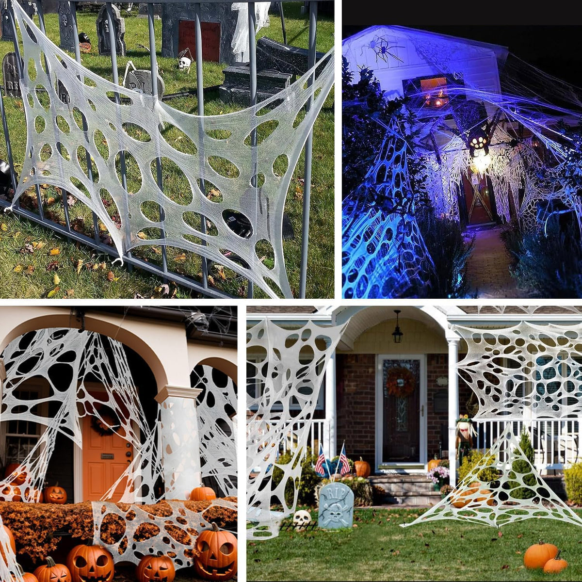 1000 Sqft(After Streched with Holes)Uncut Giant DIY Spider Web Halloween Decorations Outdoor with 10 Ground Nails Stretchy Beef Cloth Netting Cut-Your-Own Flexible Elastic for Yard Party Decor