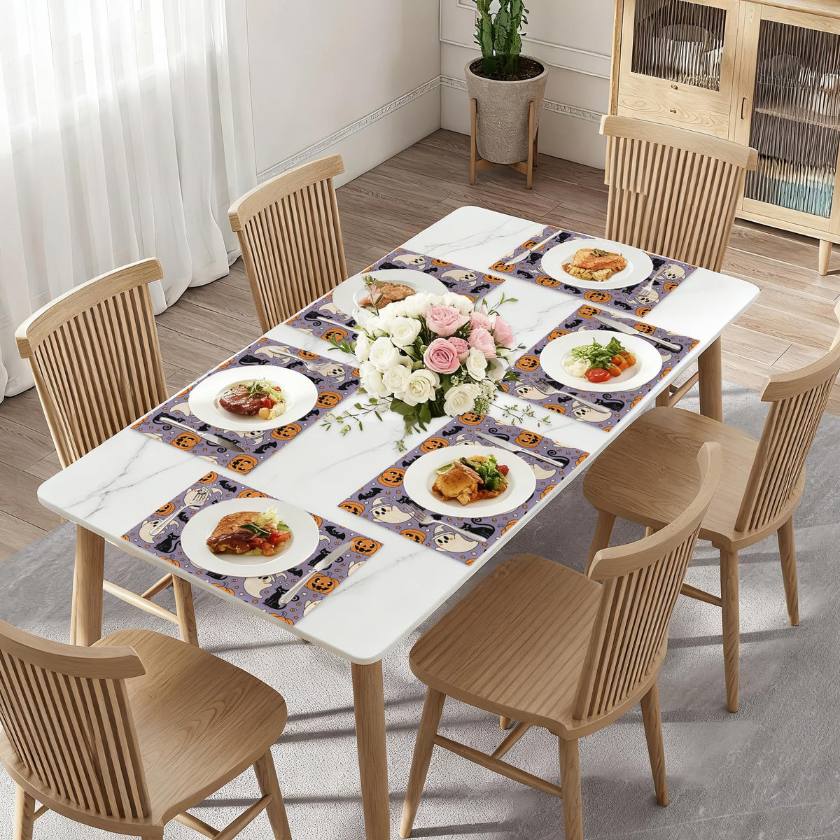 Halloween Ghosts Pumpkins Table Mats Set of 6,Black Cats Non-Slip Washable Placemats for Restaurant Home Kitchen Dinner Table 12x18Inch
