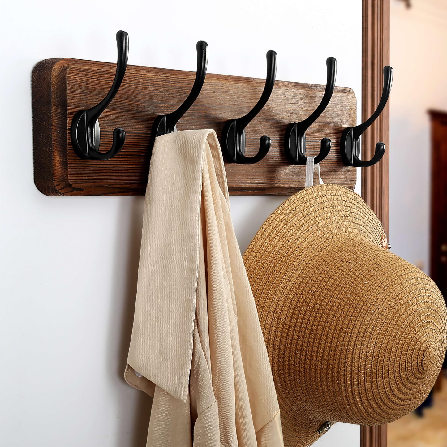Dseap Wall Mounted Coat Rack: Patented, Heavy-Duty, 17.4" Long 5-Double-Hooks Wooden Hanger Rail for Winter Coats, Hat, Jacket, Clothing - Natural & Black