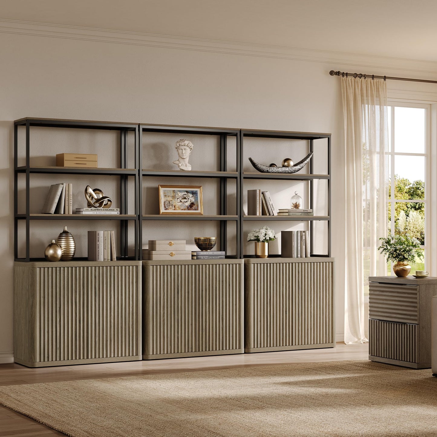 SICOTAS Book Shelf Fluted Bookshelf 71" Tall Bookcase with Doors Storage 5 Tier Mid Century Modern Bookshelves Large Shelves Metal Book Cases for Living Room Office Kitchen Library