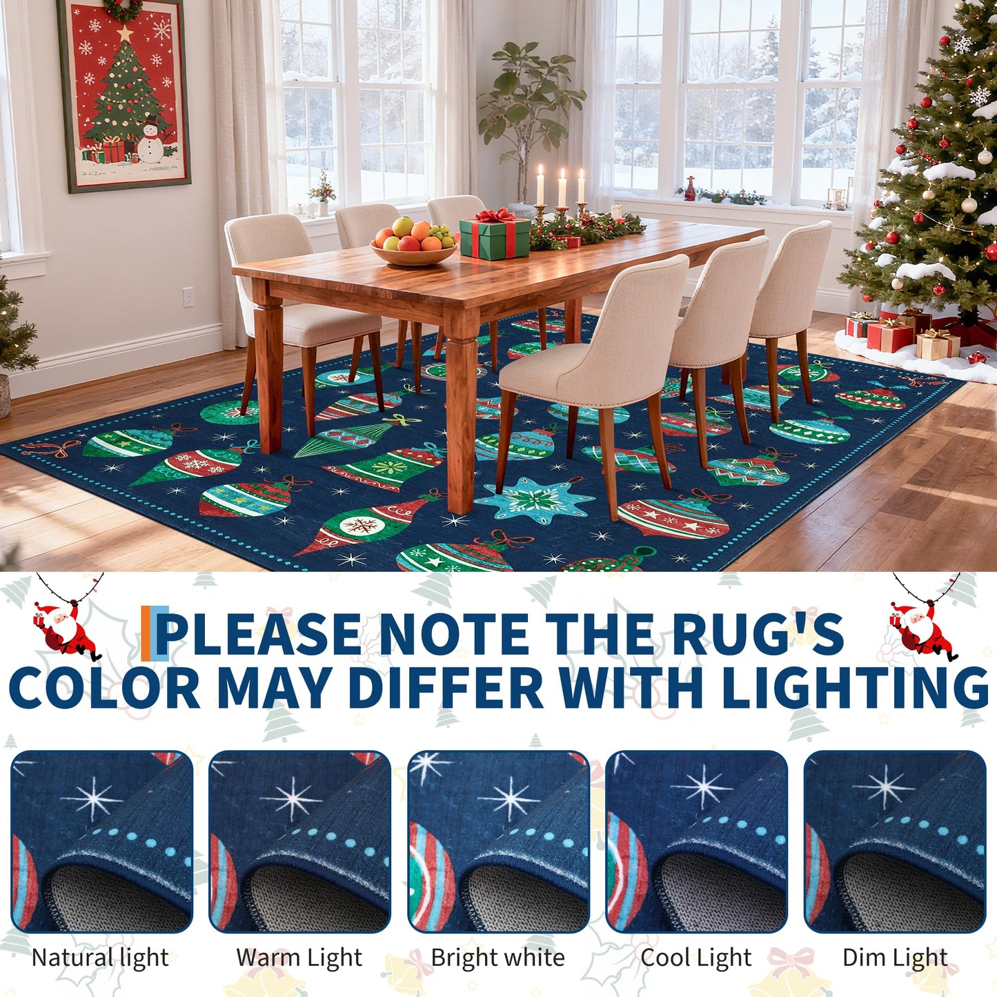 COZYLOOM Washable Christmas Rug 5x7 Holiday Decorative Floor Mats, Non-Slip Non-Shedding Christmas Carpet, Easy Cleaning Low Pile Indoor Rug for Living Room, Bedroom, Nursery, Blue