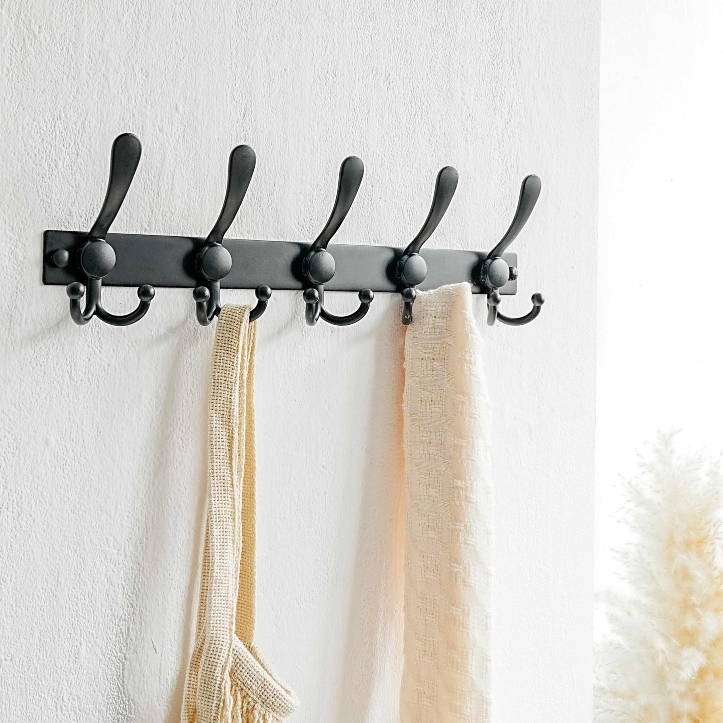 Dseap Coat Rack Wall Mount, Heavy Duty 12-Gauge Base vs Flimsy 1mm, Double-Thick Solid Anti-Snap Hooks, 16” Stud-Mount, Stainless Steel Hanger for Clothes Hat Entryway Closet Mudroom, Black