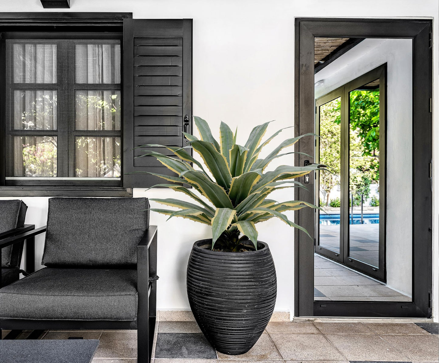 SUNPRAIRIE 32 Inch Tall Large Faux Agave Plant with Two-Tone Sawtooth Edged Leaves; Planted in Black Pot with Real Stone Pebbles. Large Artificial Plants Indoor and Outdoor.
