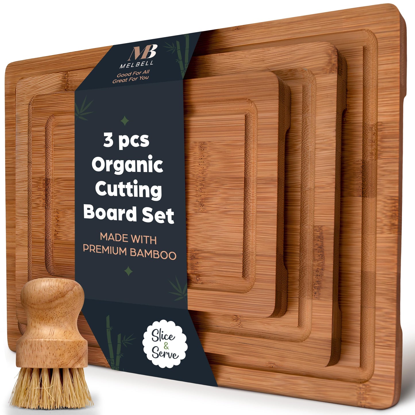 MelBell Bamboo Cutting Board Set Of 3 for Kitchen - Wooden Chopping Boards with Juice Groove - Wood Serving Board for Meat, Vegetables, Cheese