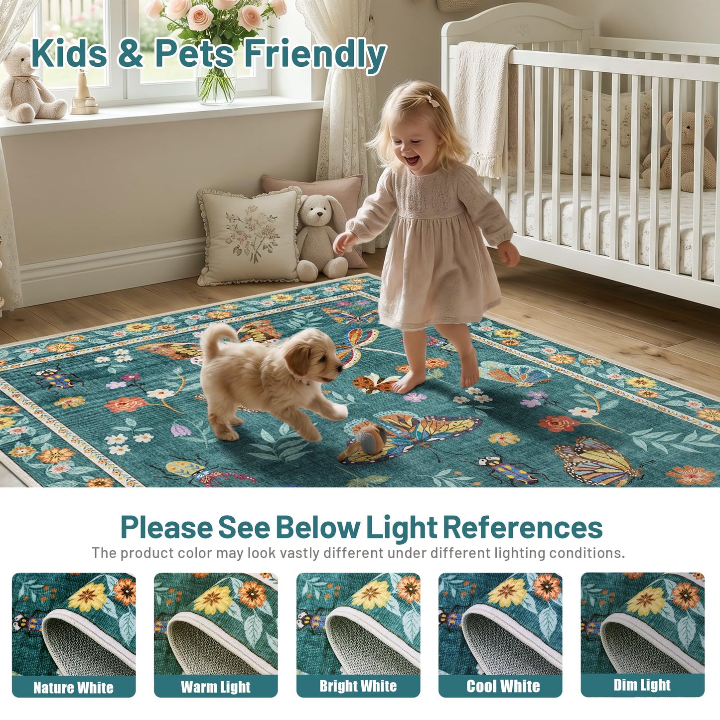 AIMPEAK Insect Washable Rugs 8x10 Teal, Soft Butterfly 8x10 Area Rugs for Living Room Indoor, Non Slip Bug Bedroom Rug Under Bed Thin Large Carpet with Flowers for Dining Room Office Playroom