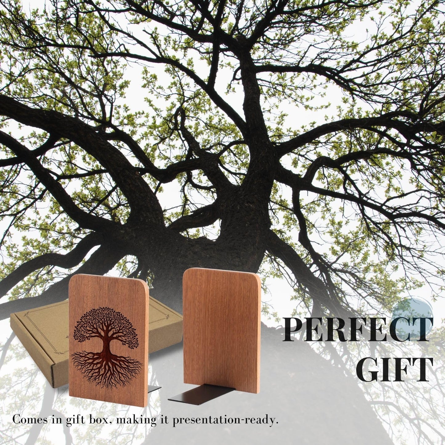 Tree of Life Wood Bookends, Gifts for Book Lovers, Novelty Bookends Unique, Heavy Duty Wooden Book Ends for Shelves Decorative(1 Pair, 4.72x6.69 Inches)