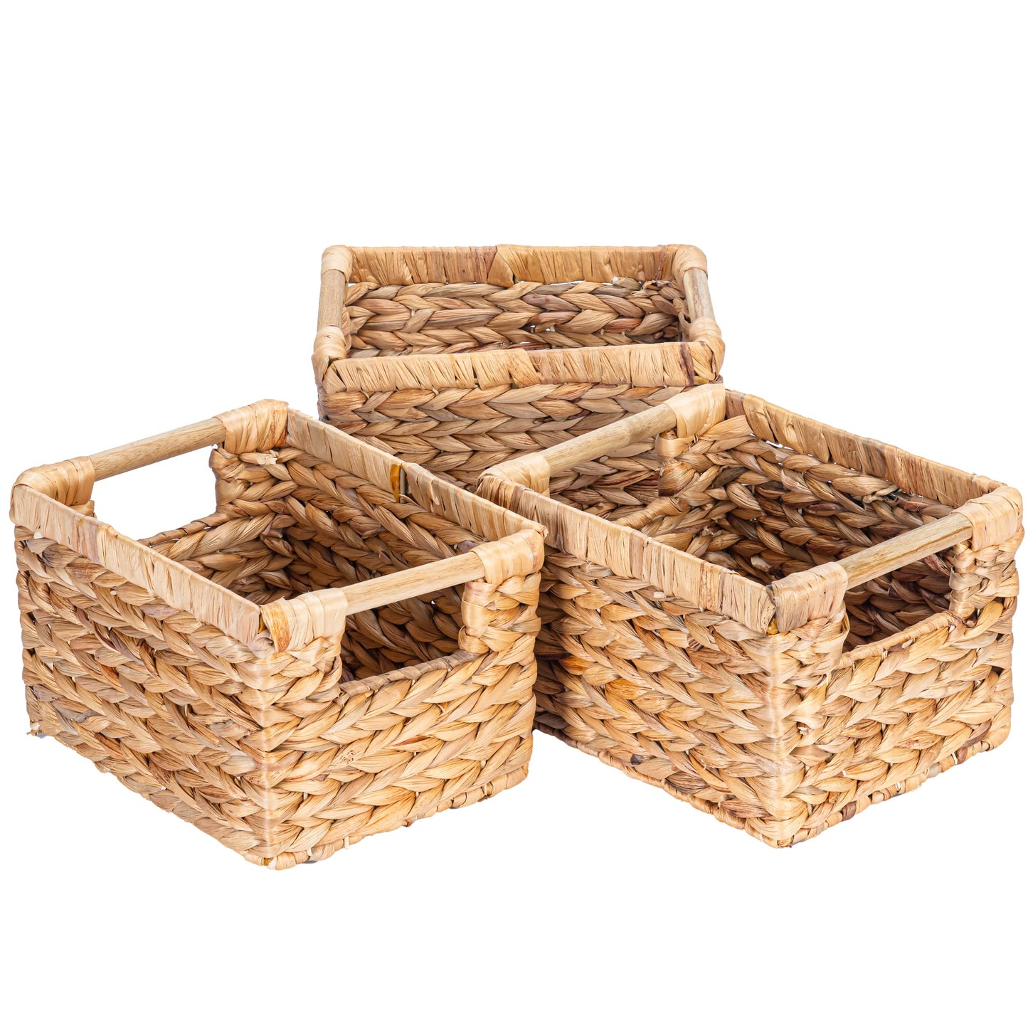 Small Wicker Baskets for Organizing Bathroom, Hyacinth Baskets for Storage, Wicker Storage Basket with Wooden Handle, Decorative Small Basket 10 x 7.5 x 6.3 inches - 3 Pack
