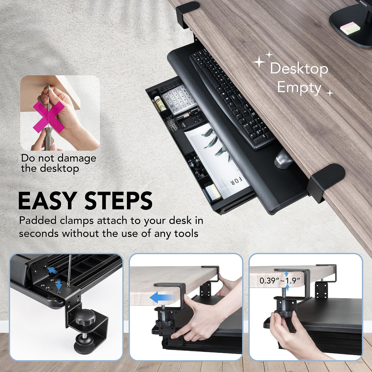 EHO Keyboard Tray with Drawer - Clamp On Under Desk Pull Out Extender Table Attachment Platform with Storage Organizer, Large 27.5" (31.8" Including Clamps) x 12.2", Height Adjustable for Home Office