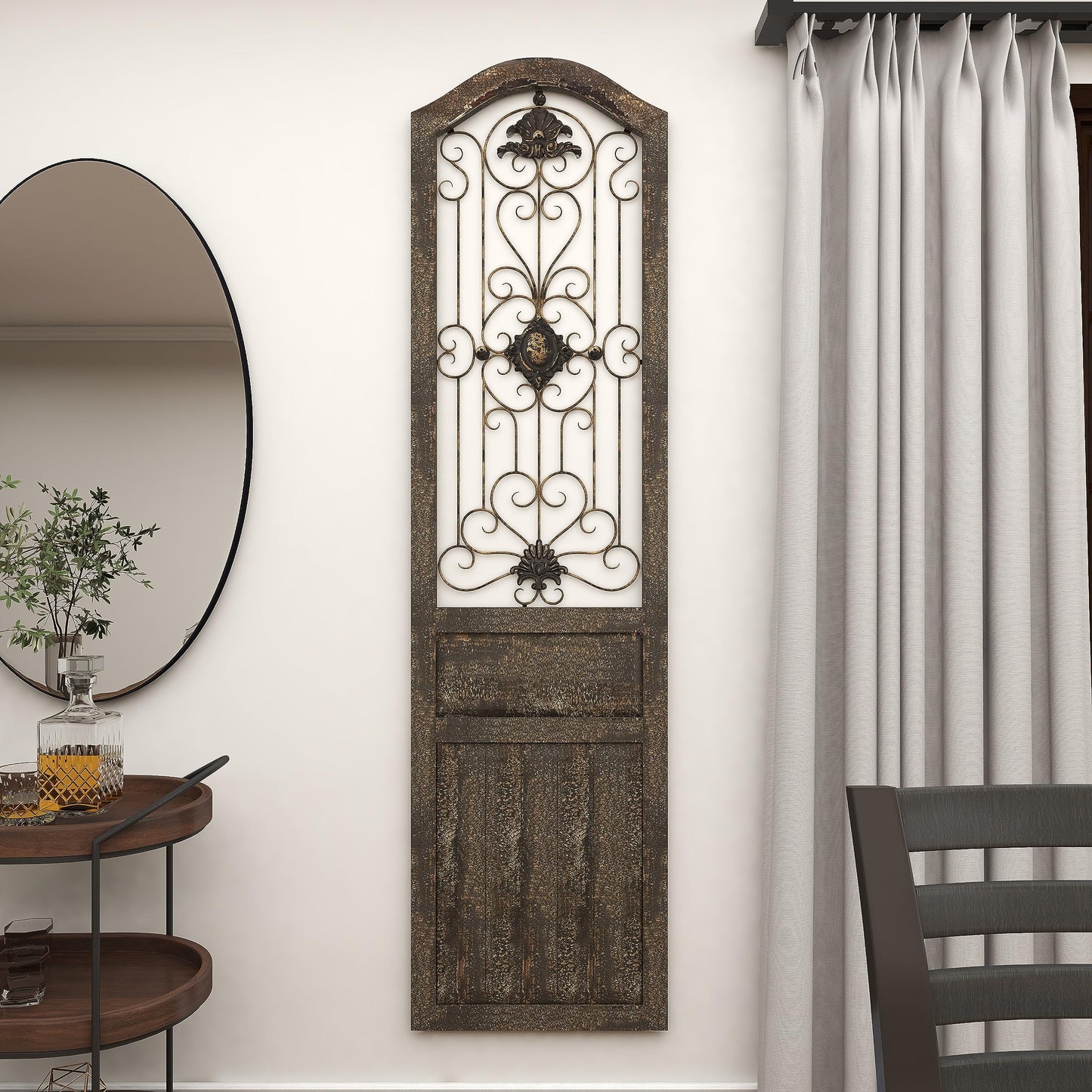Deco 79 Wood Scroll Home Wall Decor Distressed Door Panel Wall Sculpture with Metal Wire Details, Wall Art 19" x 1" x 72", Brown