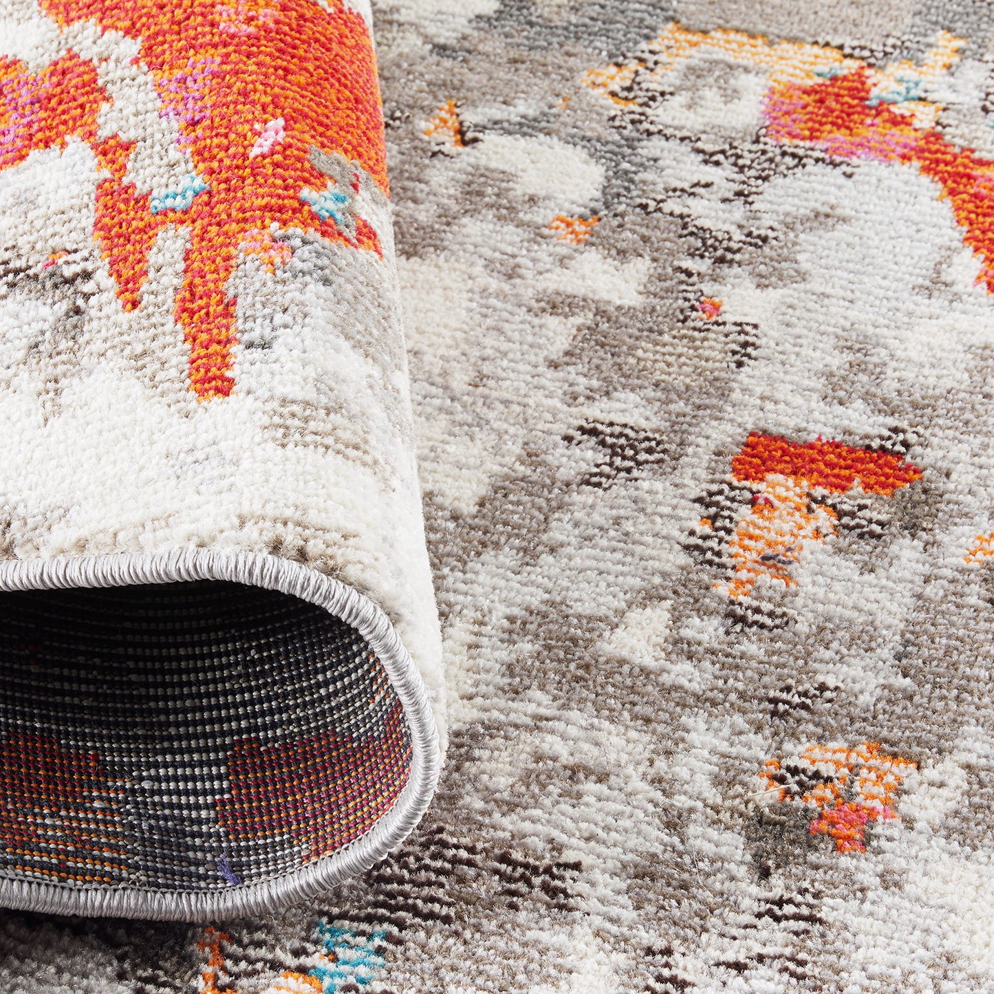 SAFAVIEH Monaco Collection Area Rug - 6'7" Round, Grey & Orange, Boho Chic Abstract Watercolor Design, Non-Shedding & Easy Care, Ideal for High Traffic Areas in Living Room, Bedroom (MNC225H)