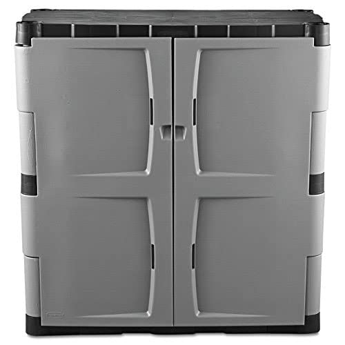 Rubbermaid Freestanding Storage Cabinet with Doors 18"D x 36"W x 37"H Medium Gray/Black Two-Shelf Lockable Cabinet for Indoor/Outdoor/Garage Storage for Garden Tools/Lawn Care Accessories