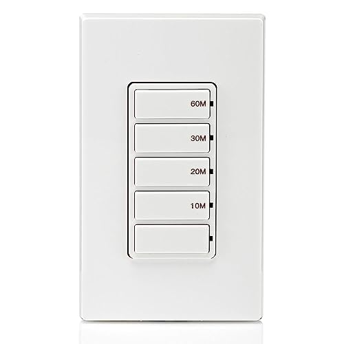 Leviton Countdown Timer Switch for bathroom fan and household lights, 5-10-15-30 min, No Neutral Required, Single Pole, 15A, 1/2 HP/9.8A Fan/Motor, DT130-1LW, White