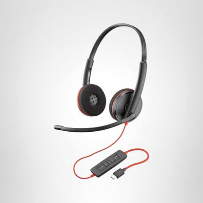 Poly Blackwire 3220 Wired Headset with Mic, Hi-Fi Stereo Sound, Noise-Canceling Mic, Stereo Design, Connect to PC via USB-C & USB-A Adapter, Over-Ear Design, Works with Virtual Meeting Platforms