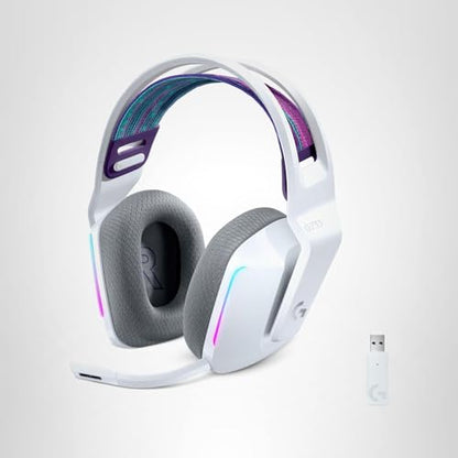 Logitech G733 Lightspeed Wireless Gaming Headset with Suspension Headband, LIGHTSYNC RGB, Blue VO!CE mic Technology and PRO-G Audio Drivers - White
