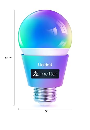 Linkind Matter Smart Light Bulb, WiFi Smart Bulbs, Work with Apple Home, Siri, Alexa, Google, SmartThings, RGBTW Color Changing Bulbs Mood Lighting, Music Sync, A19 E26 60W, 2.4Ghz WiFi 6 Pack