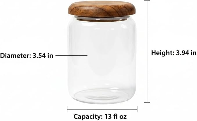 4-Pack 13 fl oz Wide Mouth Mason Jars with Spoon & Labels, Acacia Wood Lids, Press Seal, No Plastic, for Food, Snacks, Candy, Fruits, Coffee Beans, Spices & Dry Storage, Pantry Organizer.