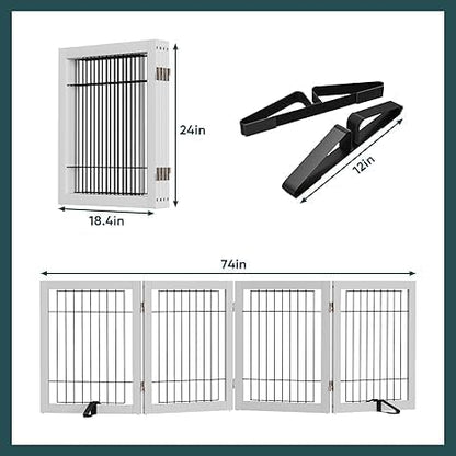 Semiocthome Freestanding Dog Gate Indoor, Dog Gates for Doorways and Stairs, 24" H- 4 Panels Puppy Gate with 2 Metals Stands Adjustable Safety Fence Wire Pet Gate - White