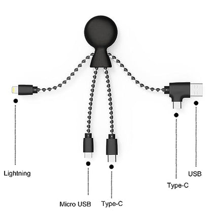 Xoopar Multi USB Cable 4 in 1 - Universal Charger Made from Recycled Plastic - USB, USB-C, Lighting, Micro USB Ports - Compatible with All Smartphones Mr Bio White Octopus