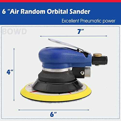 6 Inch Air Random Orbital Sander, Pneumatic Palm Sander tool with 10 Pcs Sandpapers, Air Sanders For Auto Body Work By Bowd