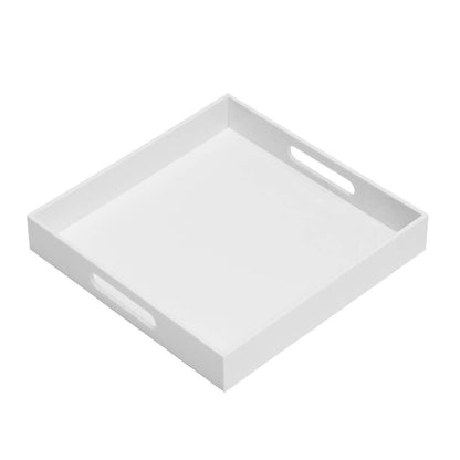 KEVLANG Glossy White Sturdy Acrylic Serving Tray with Handles-14x14Inch-Serving Coffee,Appetizer,Breakfast,Butler-Kitchen Countertop Tray-Makeup Drawer Organizer-Vanity Table-Ottoman Tray