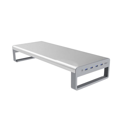 OTM Essentials Aluminum Monitor Stand with 4 USB Ports, Non-Slip Padding & Tilted Surface, Slim Computer Monitor Riser for Laptop, PC & Gaming Desk Organizer, Silver Finish for Home & Office Setup