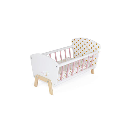 Janod - Candy Chic Doll's Bed Wooden Baby Doll Cradle Ages 3+ - Engaging in Imaginative Play - Stylish Design - Durable Construction and Safe Materials - Includes Bedding