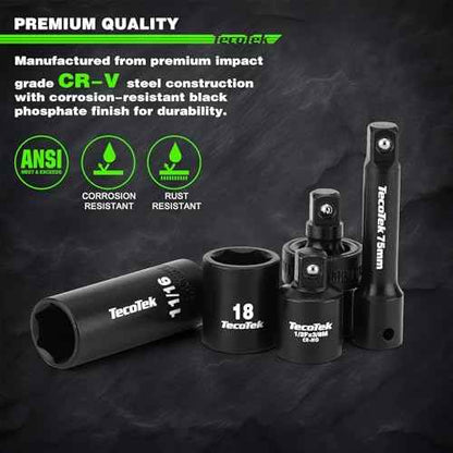 3/8" Drive Impact Socket Set, 49-Piece SAE (5/16"-3/4") and Metric (8mm-22mm), 6 Point, Cr-V, Extension Bars, 1/2" F to 3/8" M Reducer, Universal Joint and Power Drill Adapter