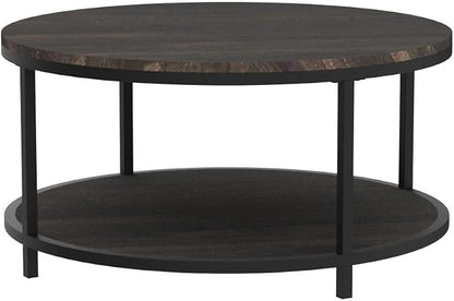 NSdirect 36 inches Round Coffee Table, Rustic Wooden Surface Top & Sturdy Metal Legs Industrial Sofa Table for Living Room Modern Design Home Furniture with Storage Open Shelf(Rustic Brown)