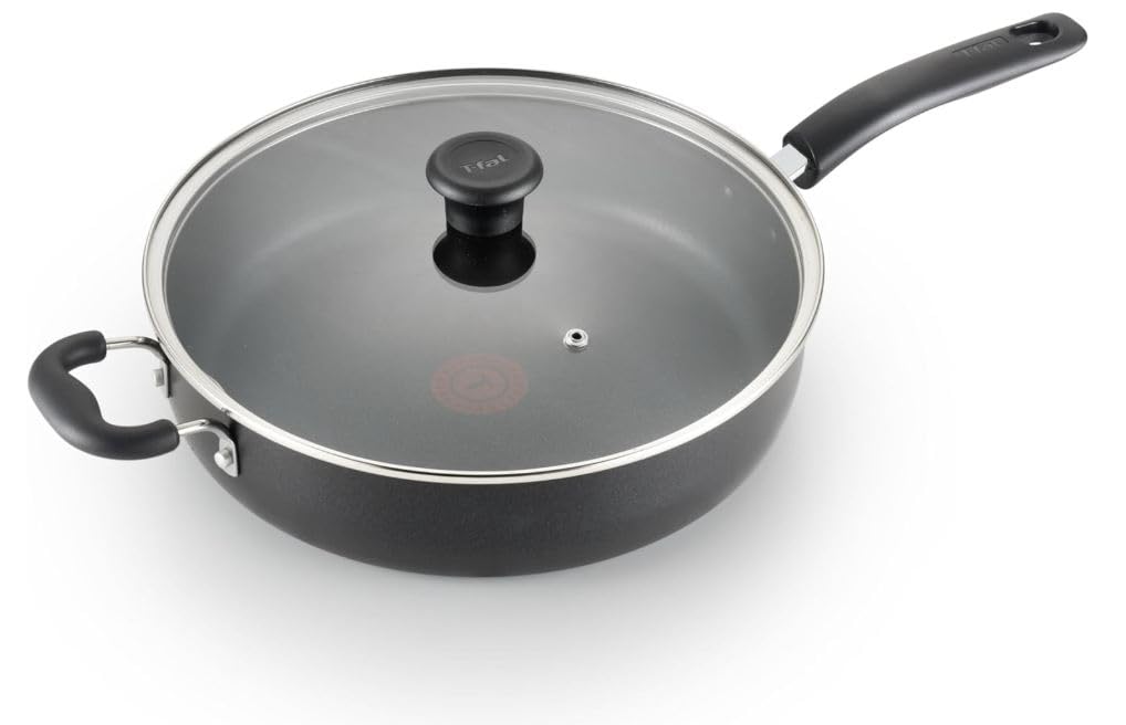 T-fal Specialty Nonstick Saute Pan with Glass Lid 5 Quart, Oven Broiler Safe 350F, Cookware, Deep Frying Pan with Handle, Skillet, Kitchen, Pots and Pans, Dishwasher Safe, Black
