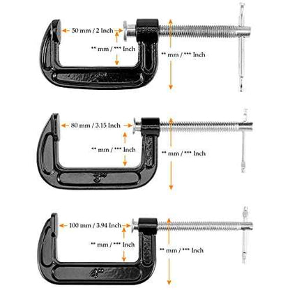 6 PCS 3 Size C-clamp Set, 2" 3" 4" Small C Clamps, Mini G Clamps for Woodworking or Metal Workpiece, Black