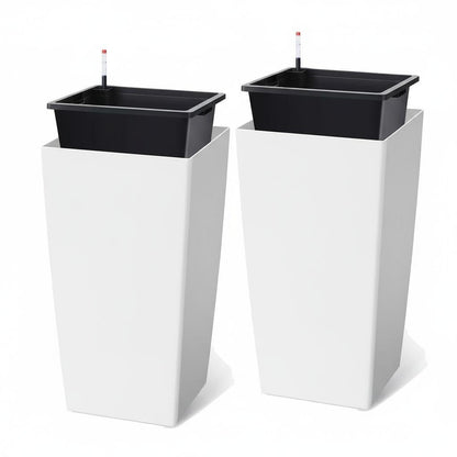 30 Inch Tall Self Watering Planters Set of 2, Outdoor Plant Pots with Automatic Watering System, Water Level Monitor, Drainage, Wheels & Inner Bucket, for Front Porch & Indoor Plants White