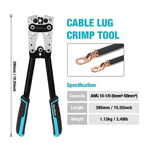 DURATECH Battery Cable Lug Crimping Tool with Wire Cutter-Wire Crimper Tools-AWG 10 8 6 4 2 1/0-Battery Terminal Crimper for Heavy Duty Wire Lugs, Copper Lugs