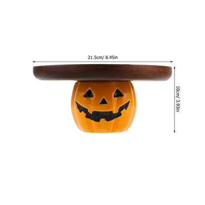 STOBAZA Halloween Pumpkin Serving Tray Rustic Wooden Dessert Platter with Ceramic Stand for Party Snacks Bread Candy Display 8.46X8.46X3.94 Inches