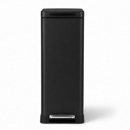 Home Zone Living 12 Gallon Slim Kitchen Trash Can with Soft Close Lid, Step Pedal, Bag Tuck Band, and Removable Liner, Stainless Steel, Black