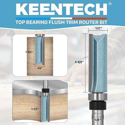 KEENTECH Router Bits 1/4" Shank, Flush Trim Router Bit, Top Bearing Carbide Tipped Pattern Bit, Template Straight Heavy Duty Woodworking Trimming Cutting Tool for Wood, 1/2" Diameter, 1-1/2" Depth
