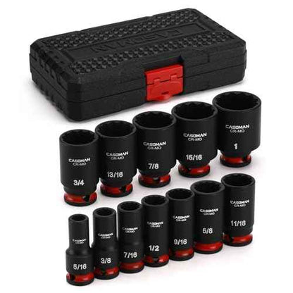 CASOMAN 12-Pieces 3/8" Drive Mid-Length Impact Socket Set, 12-Point, SAE, 5/16-Inch to 1-Inch, CR-MO Steel, with Storage Case